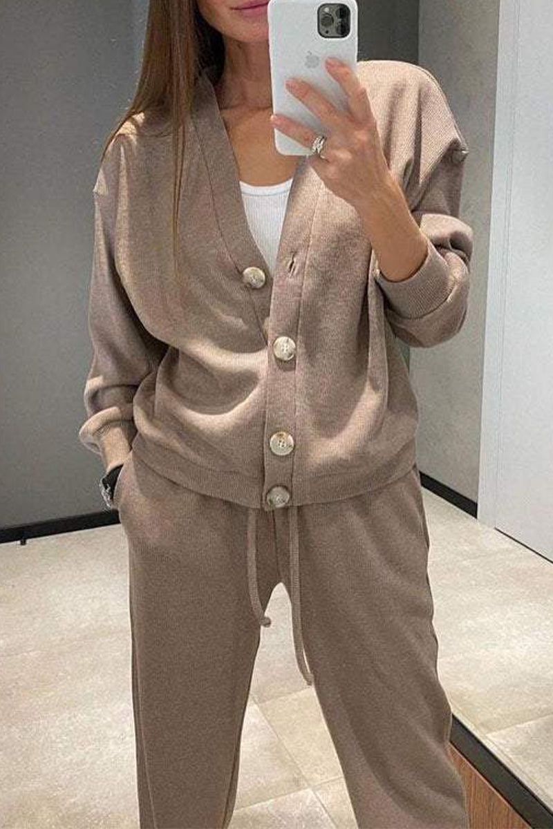Chantal® | Casual, daily, solid color two-piece suit with lace-up, buttons, V-neck and long sleeves