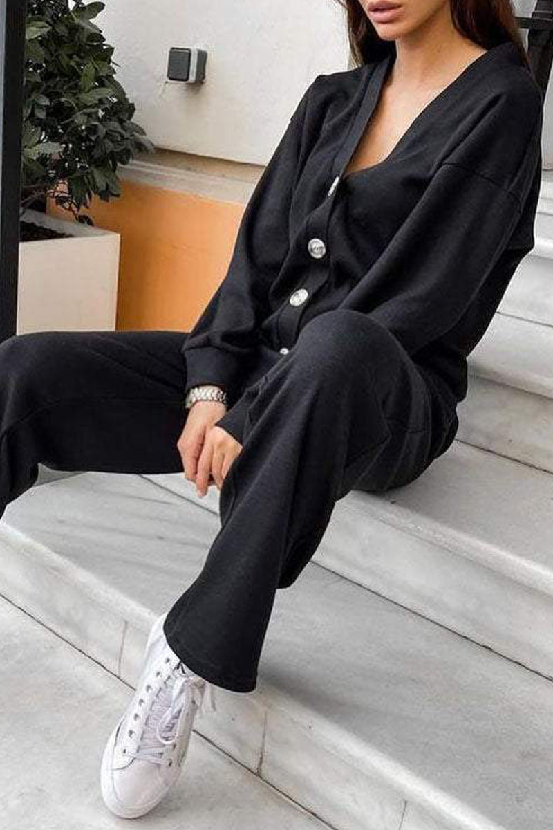 Chantal® | Casual, daily, solid color two-piece suit with lace-up, buttons, V-neck and long sleeves