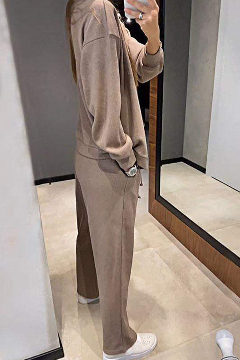 Chantal® | Casual, daily, solid color two-piece suit with lace-up, buttons, V-neck and long sleeves