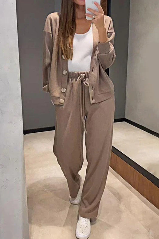 Chantal® | Casual, daily, solid color two-piece suit with lace-up, buttons, V-neck and long sleeves