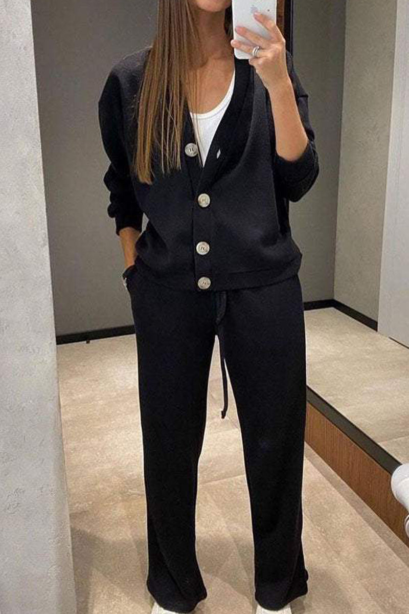 Chantal® | Casual, daily, solid color two-piece suit with lace-up, buttons, V-neck and long sleeves