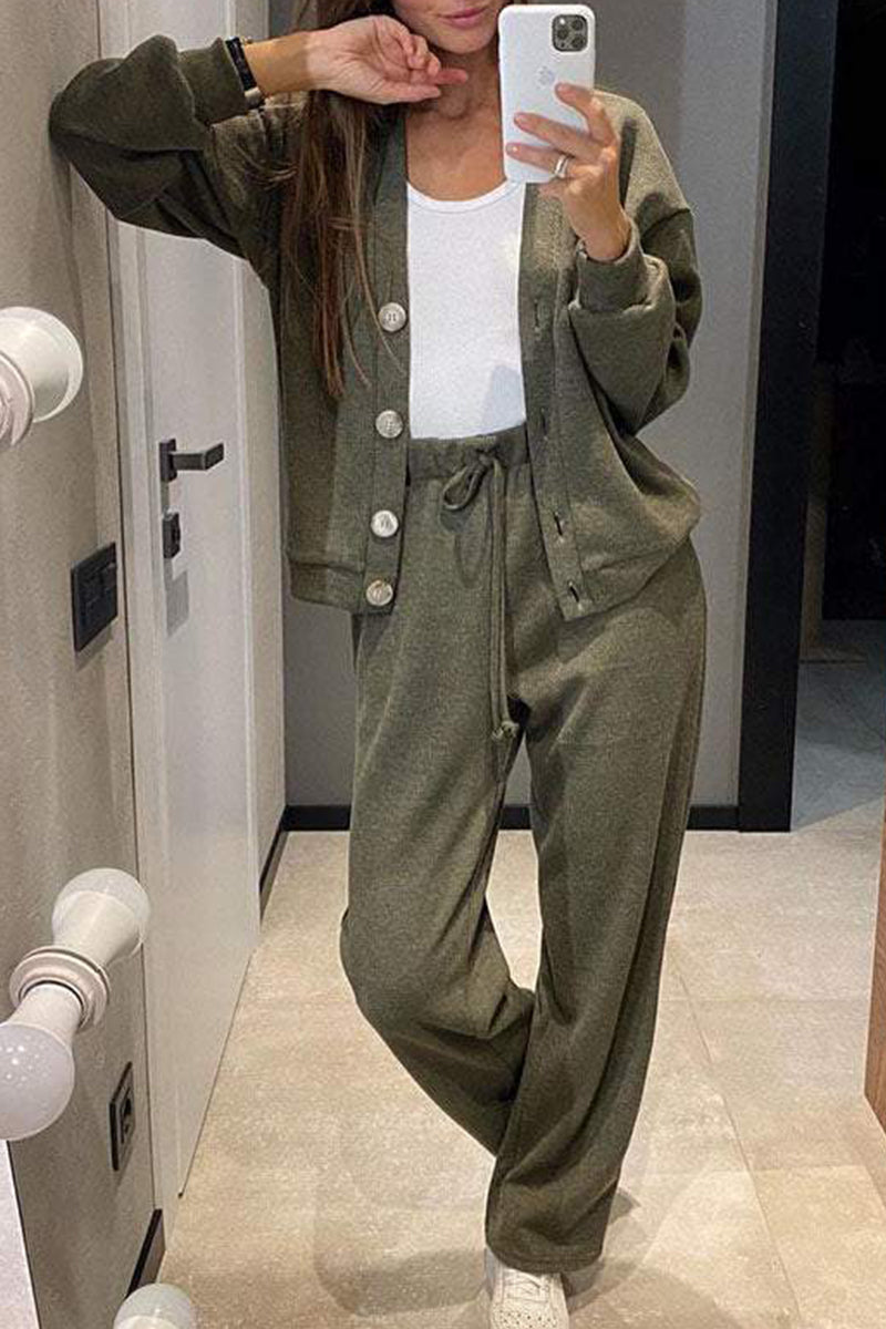 Chantal® | Casual, daily, solid color two-piece suit with lace-up, buttons, V-neck and long sleeves