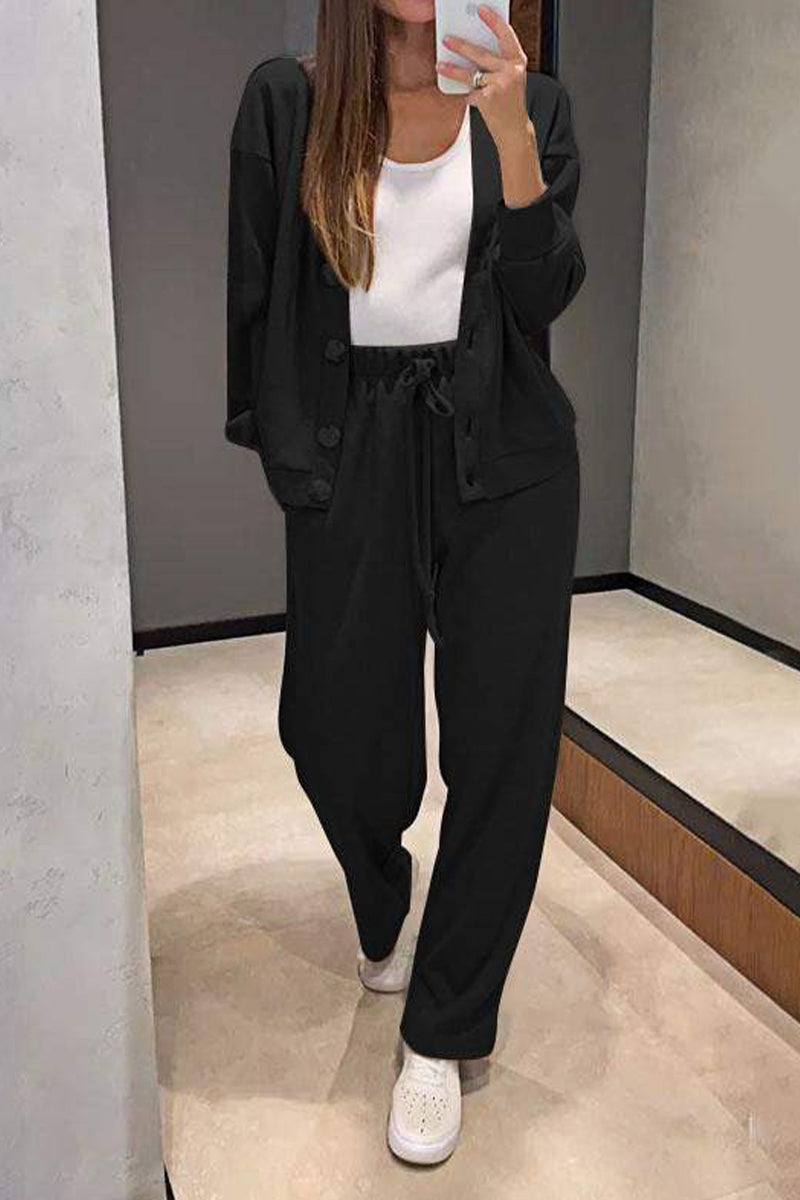 Chantal® | Casual, daily, solid color two-piece suit with lace-up, buttons, V-neck and long sleeves