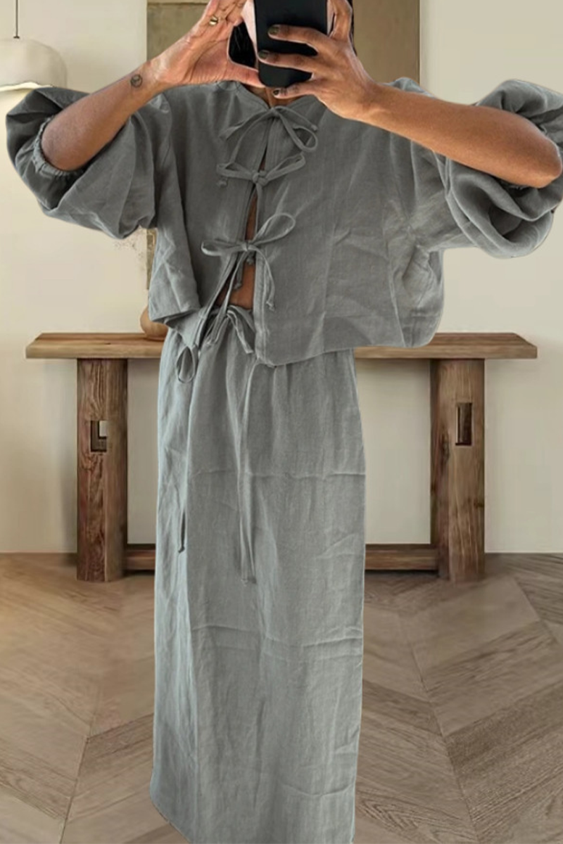 Clara® | Casual daily solid color lace-up two-piece suit with O-neck and long sleeves