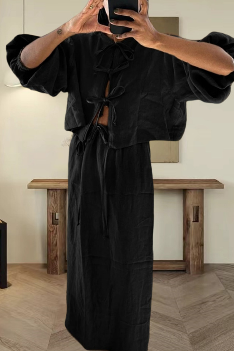 Clara® | Casual daily solid color lace-up two-piece suit with O-neck and long sleeves
