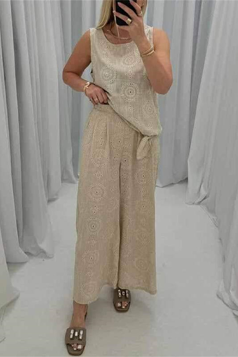 Alba® | Casual daily solid color sleeveless two-piece suit with hollow out pocket and O-neck