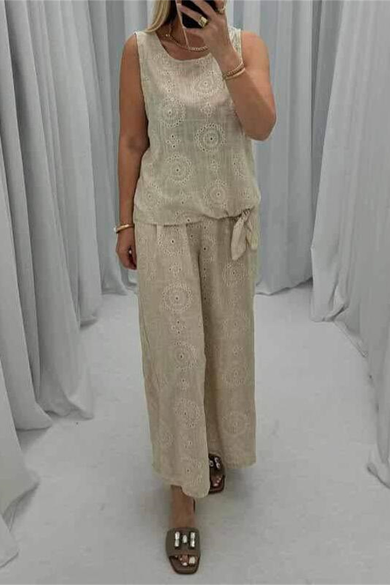 Alba® | Casual daily solid color sleeveless two-piece suit with hollow out pocket and O-neck