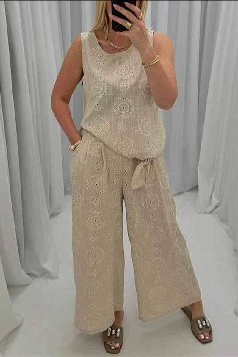 Alba® | Casual daily solid color sleeveless two-piece suit with hollow out pocket and O-neck