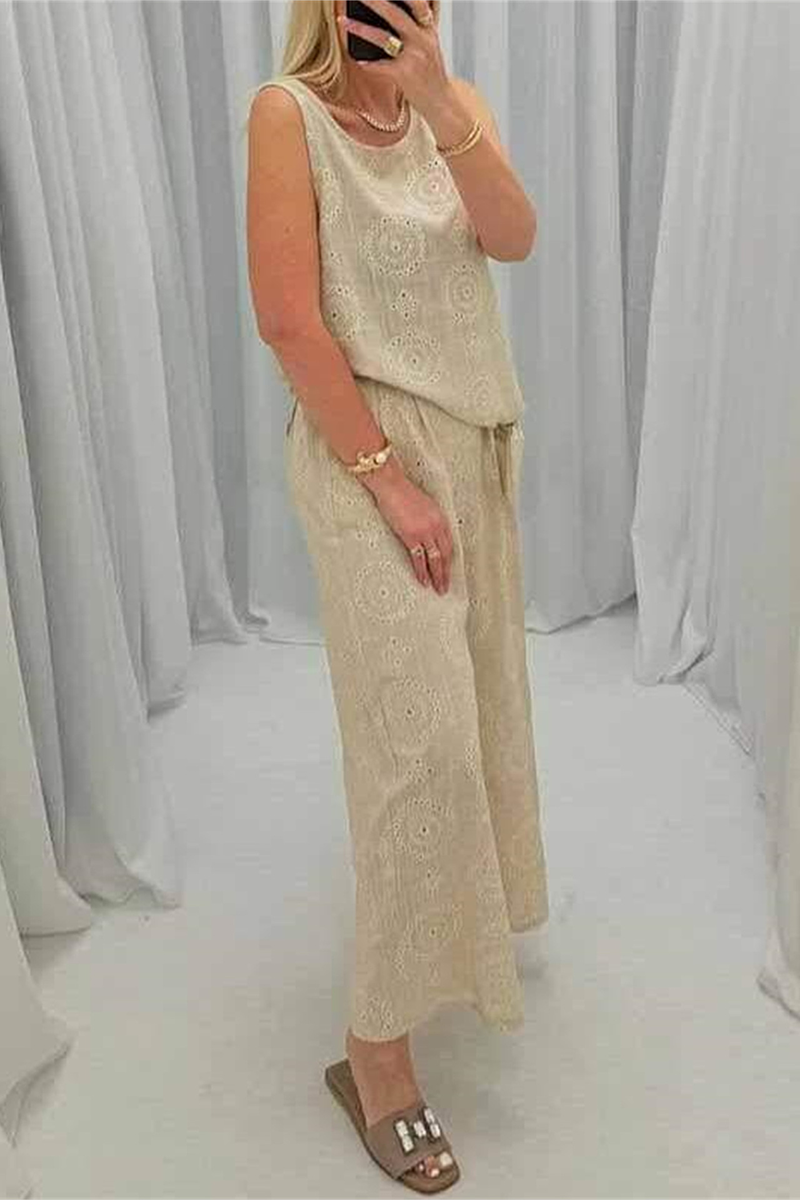 Alba® | Casual daily solid color sleeveless two-piece suit with hollow out pocket and O-neck