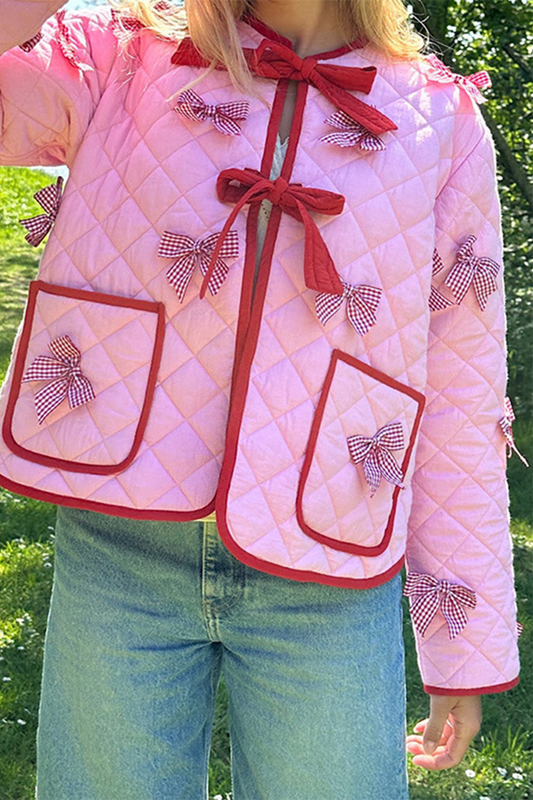 Corina® | Casual daily solid color outerwear with pocket bow decor and O-neck