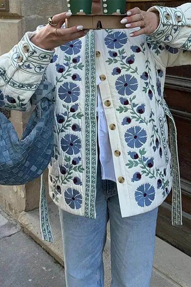 Cristina® | Casual street floral outerwear with lace-up buttons and patchwork O-neck