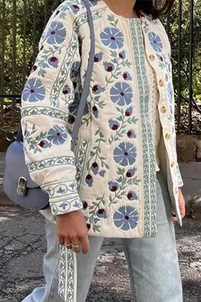 Cristina® | Casual street floral outerwear with lace-up buttons and patchwork O-neck