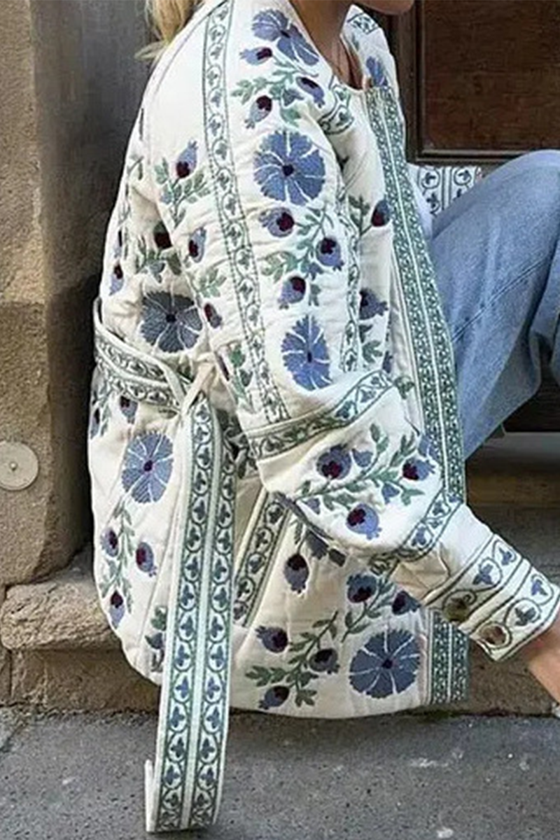 Cristina® | Casual street floral outerwear with lace-up buttons and patchwork O-neck