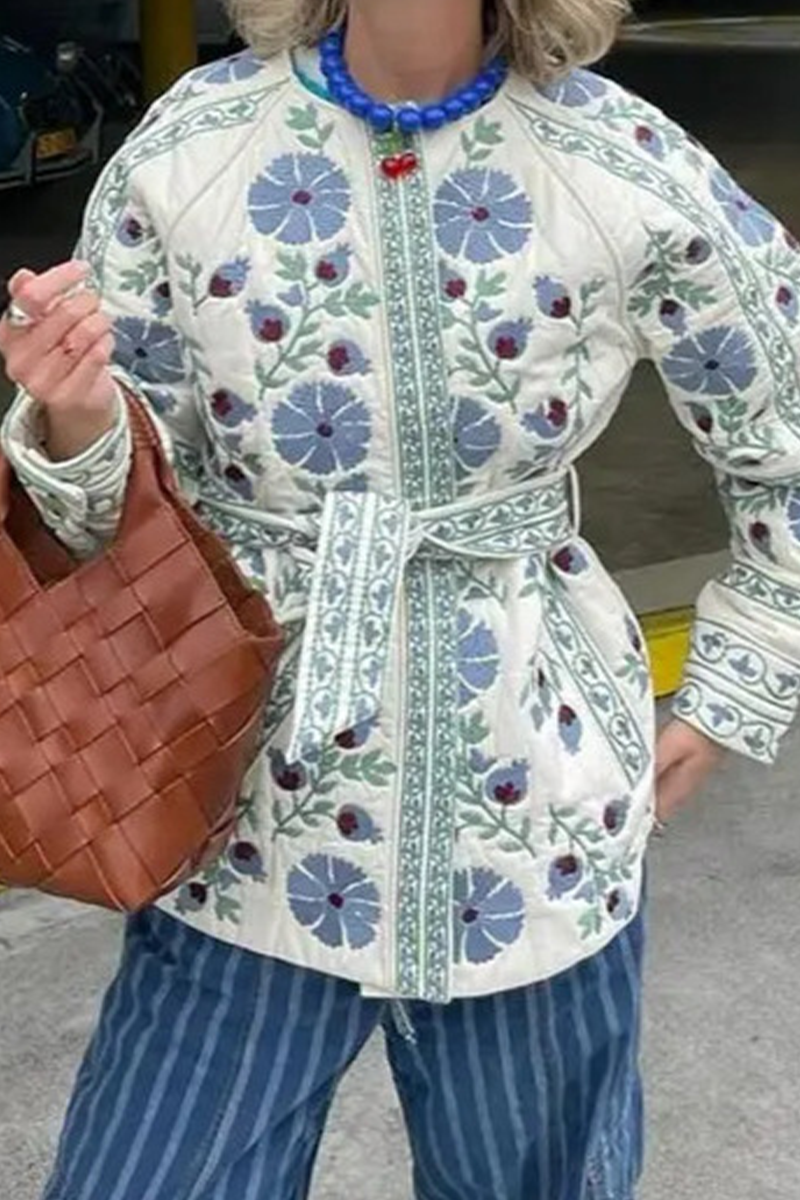 Cristina® | Casual street floral outerwear with lace-up buttons and patchwork O-neck