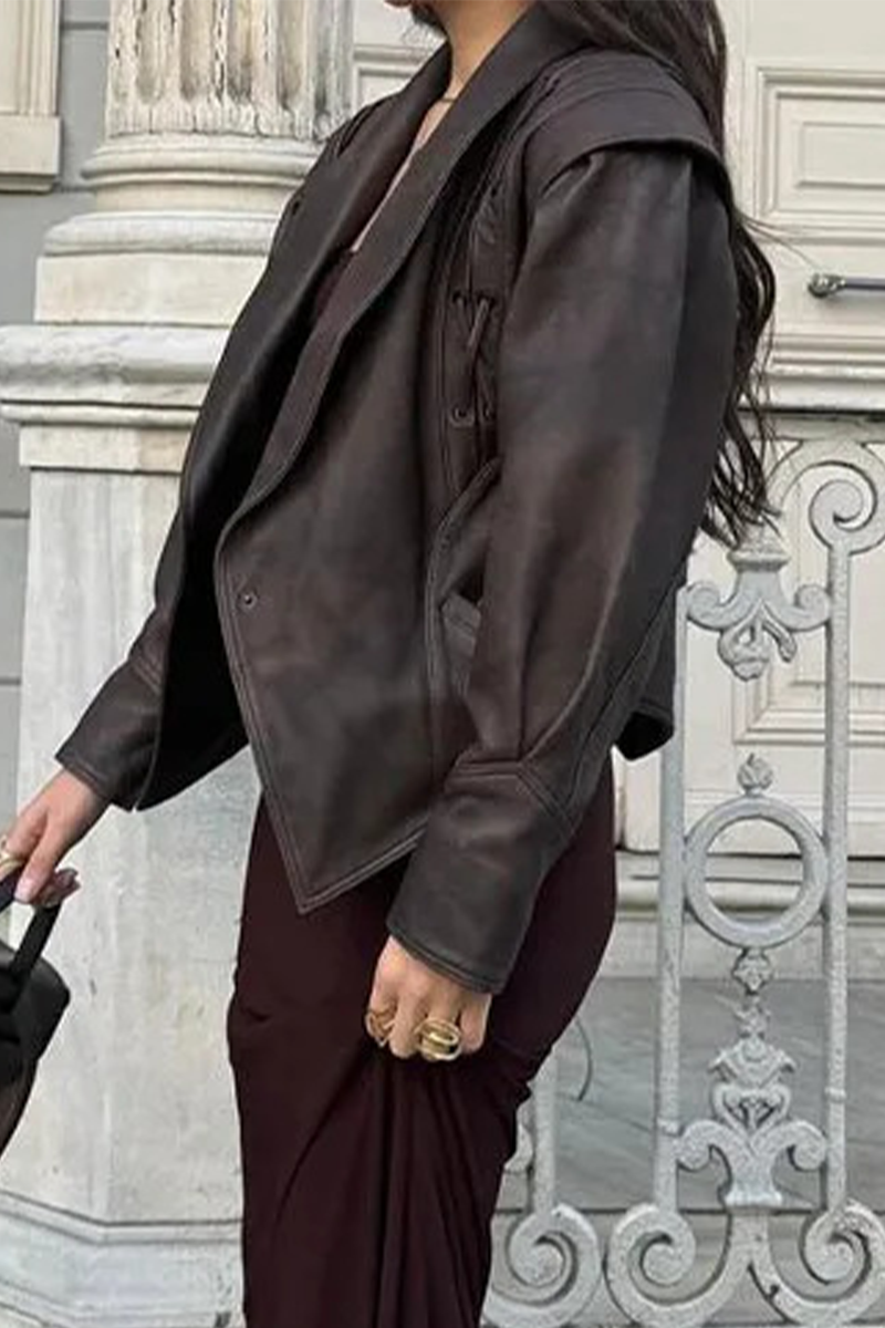 Dagmar® | Casual street outerwear with solid color lace-up patchwork turn-down collar