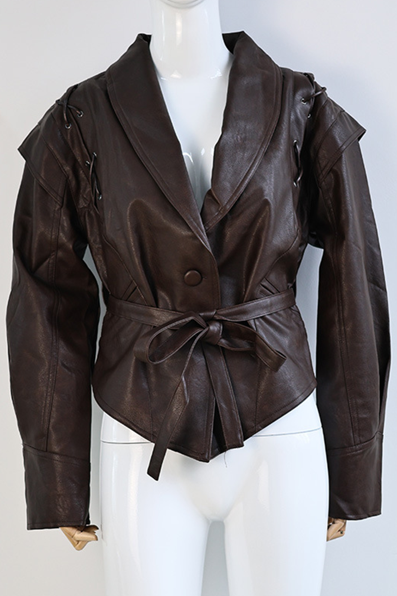 Dagmar® | Casual street outerwear with solid color lace-up patchwork turn-down collar