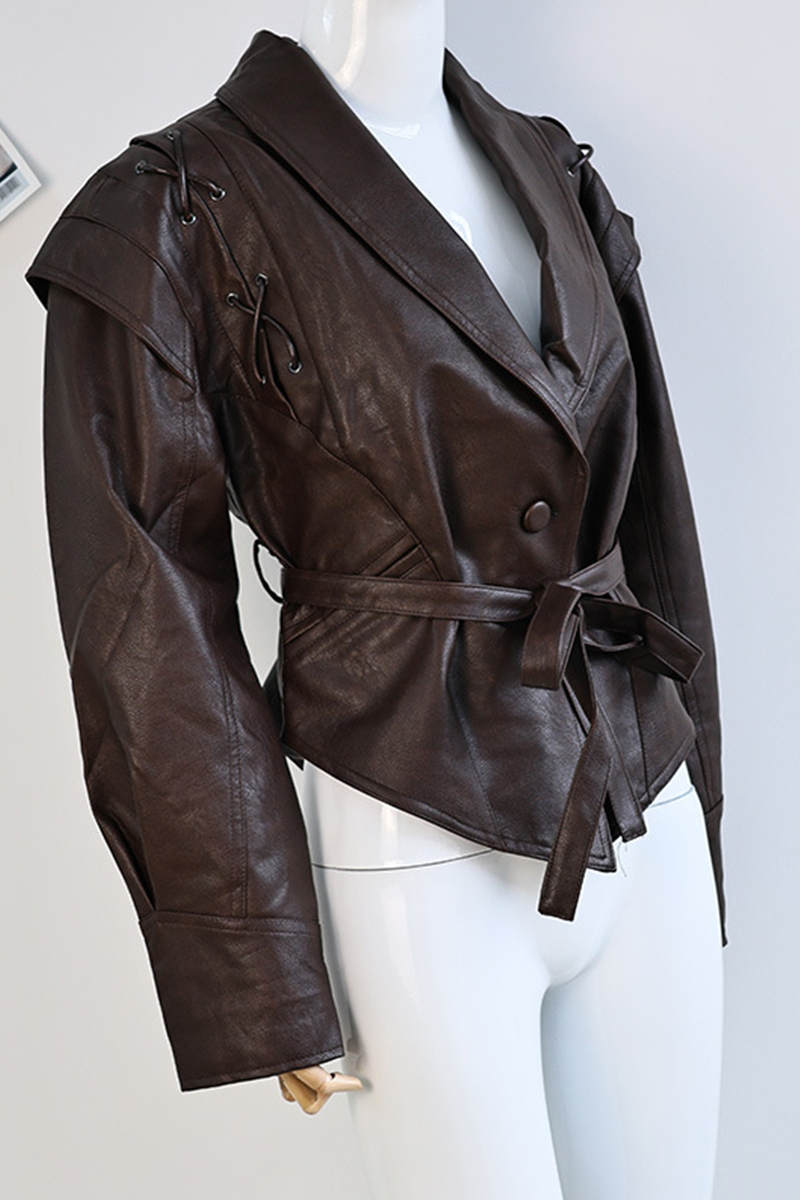 Dagmar® | Casual street outerwear with solid color lace-up patchwork turn-down collar