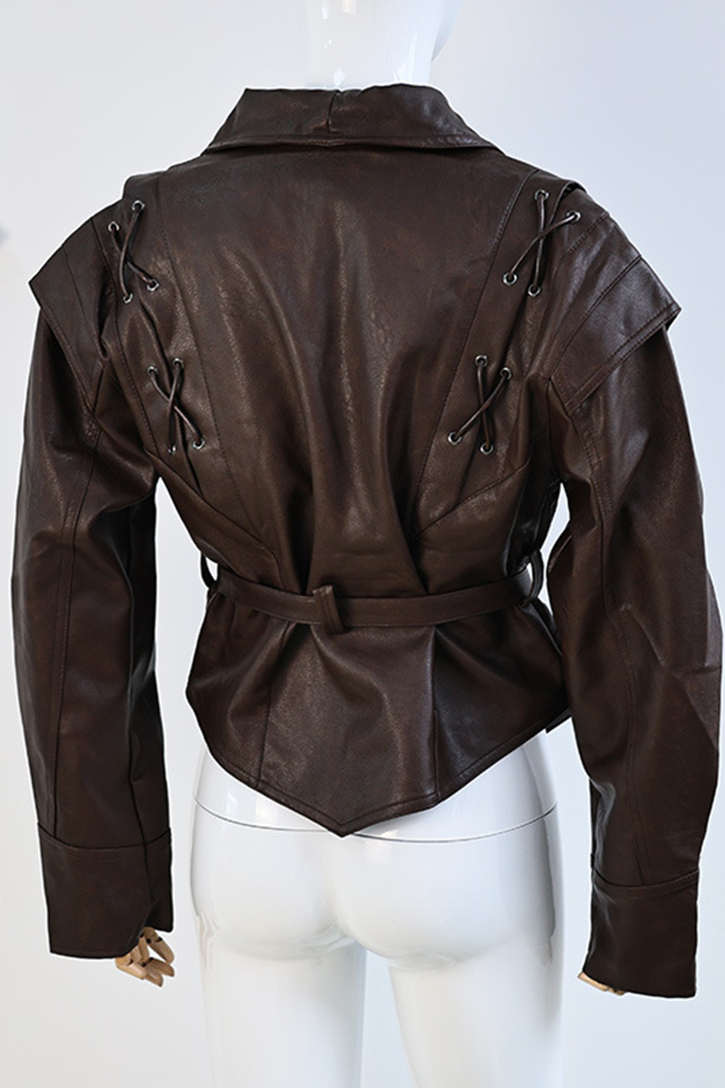 Dagmar® | Casual street outerwear with solid color lace-up patchwork turn-down collar