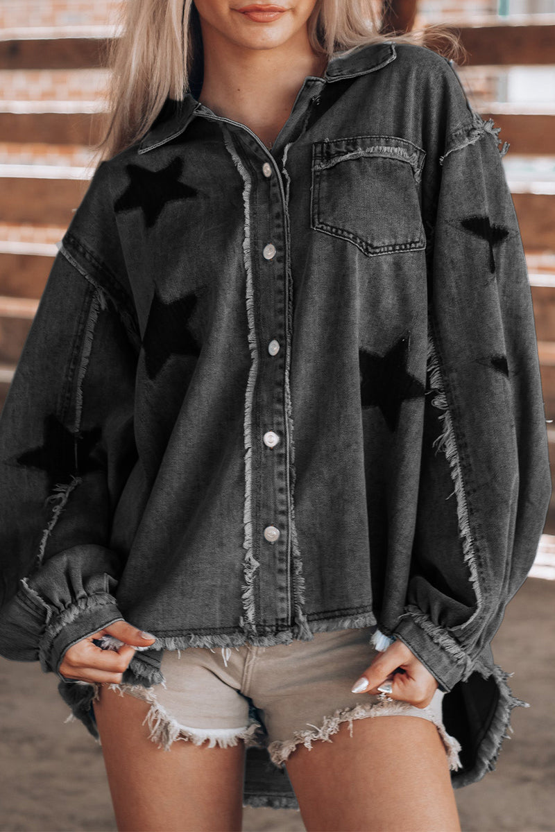 Daniela® | Casual Street The Stars Distressed Patchwork Turndown Collar Long Sleeve Loose Denim Jacket