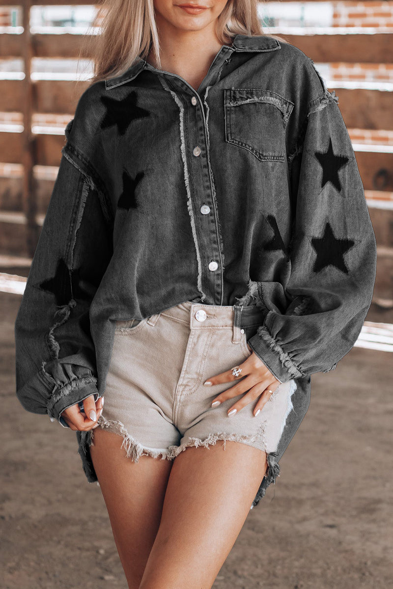 Daniela® | Casual Street The Stars Distressed Patchwork Turndown Collar Long Sleeve Loose Denim Jacket