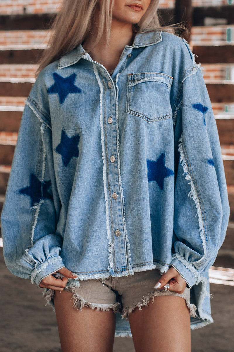 Daniela® | Casual Street The Stars Distressed Patchwork Turndown Collar Long Sleeve Loose Denim Jacket