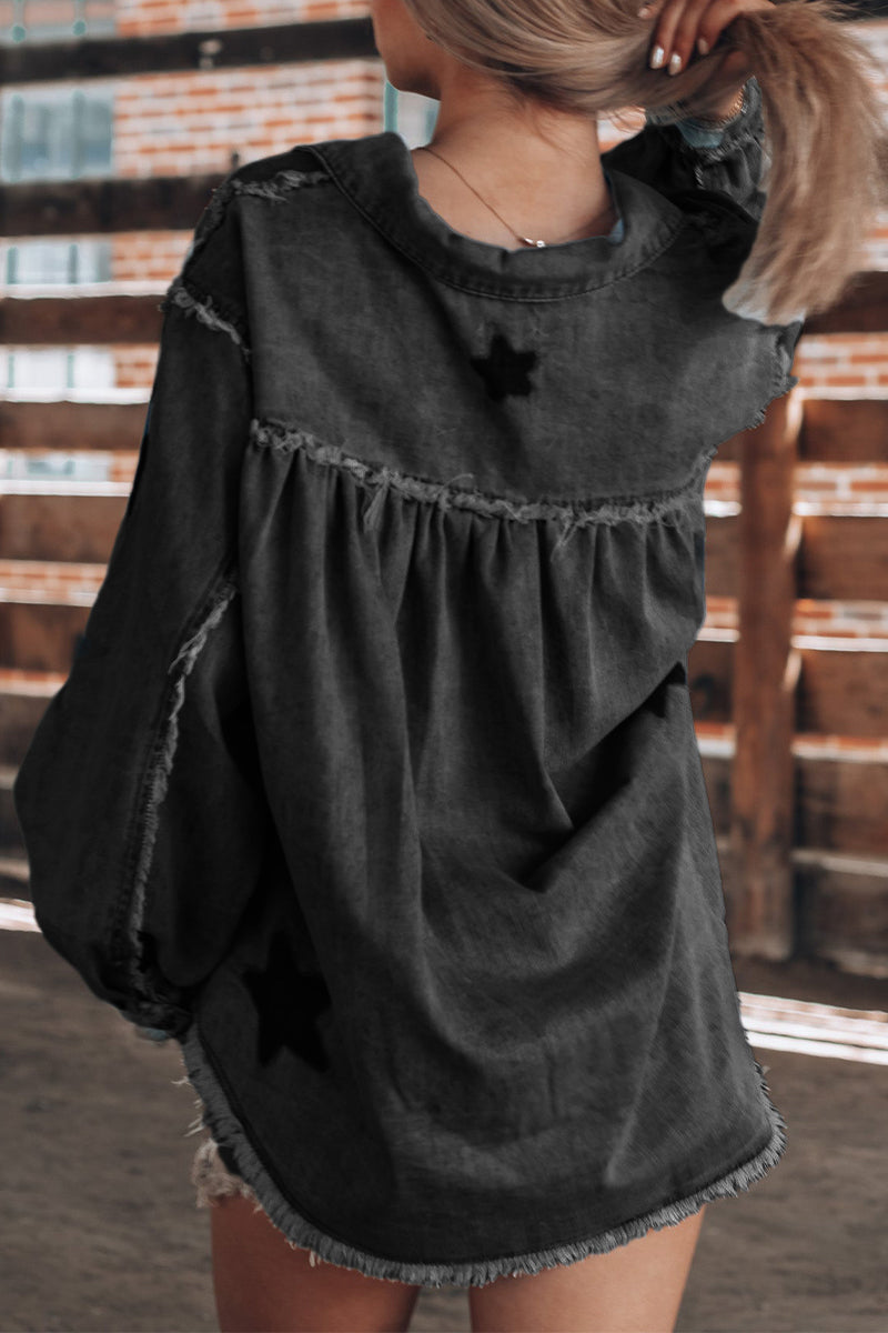 Daniela® | Casual Street The Stars Distressed Patchwork Turndown Collar Long Sleeve Loose Denim Jacket