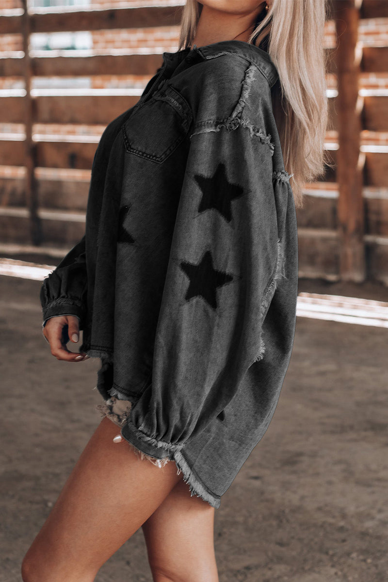 Daniela® | Casual Street The Stars Distressed Patchwork Turndown Collar Long Sleeve Loose Denim Jacket