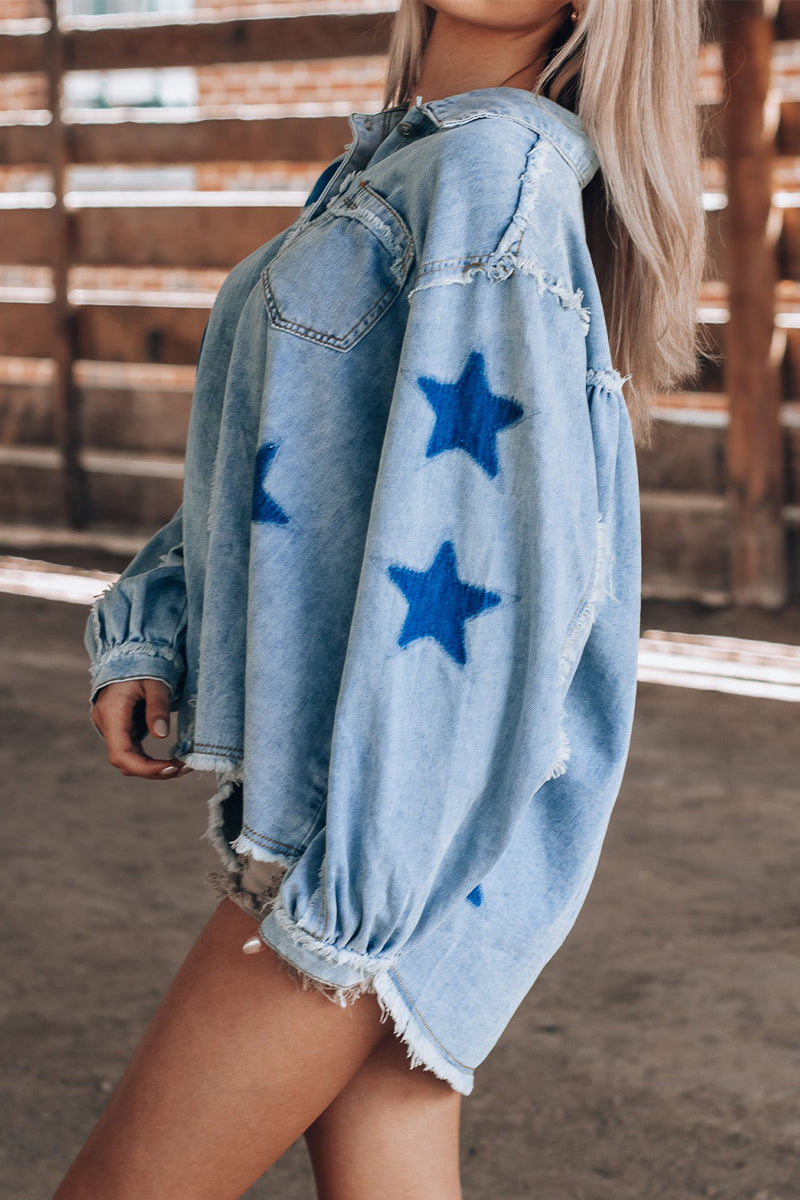 Daniela® | Casual Street The Stars Distressed Patchwork Turndown Collar Long Sleeve Loose Denim Jacket