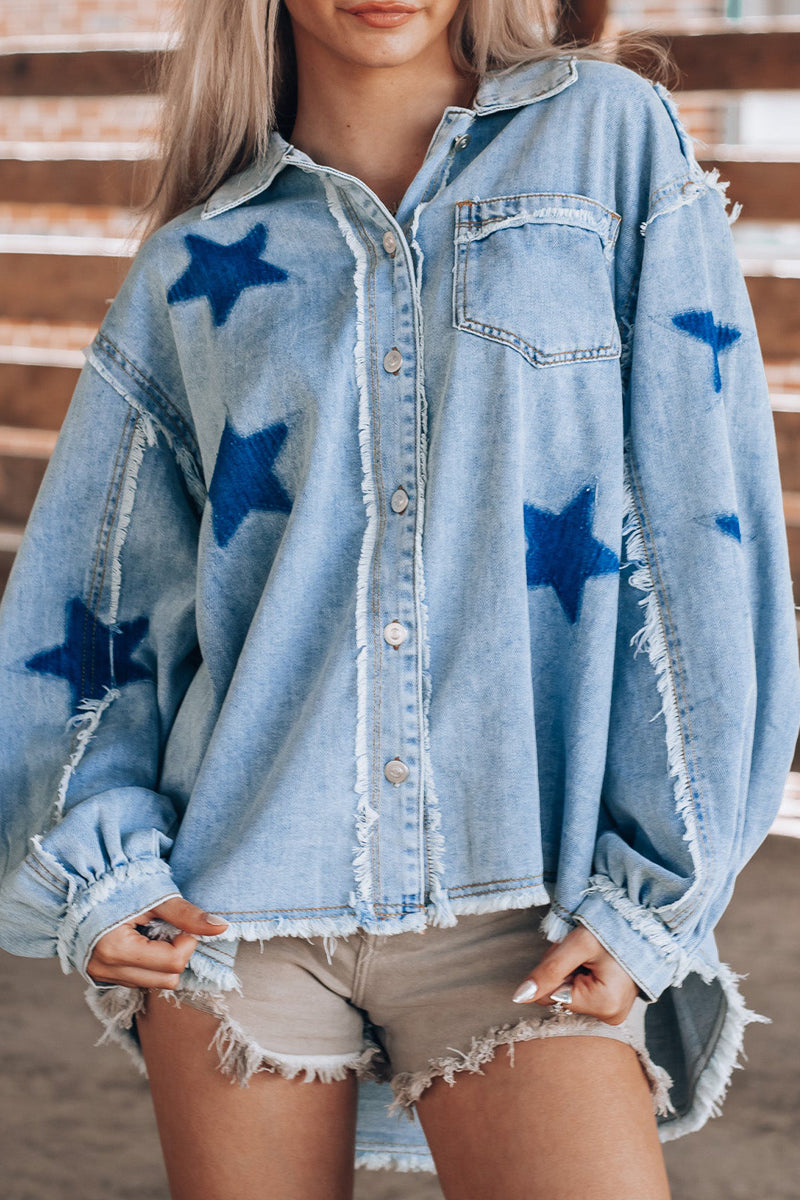 Daniela® | Casual Street The Stars Distressed Patchwork Turndown Collar Long Sleeve Loose Denim Jacket