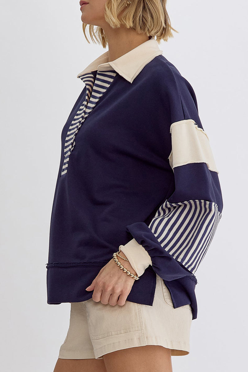 Deborah® | Casual tops with street stripe patchwork contrast turn-down collar