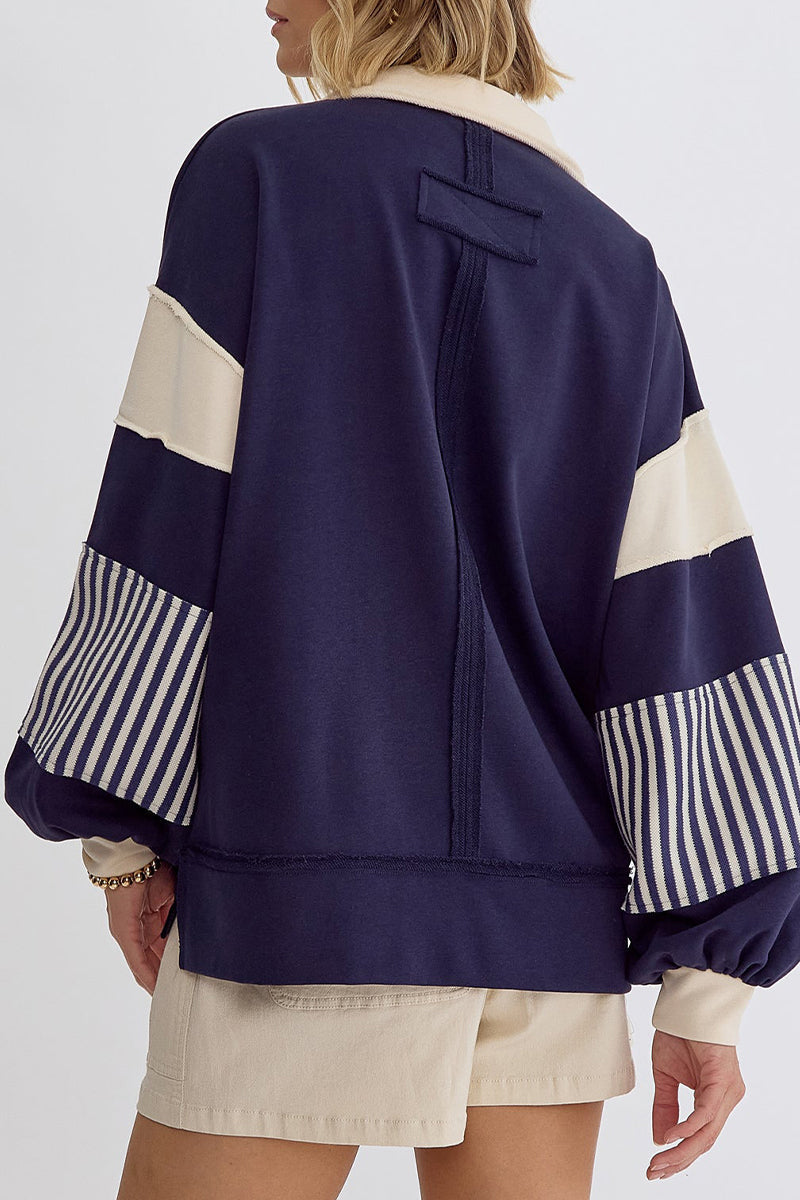 Deborah® | Casual tops with street stripe patchwork contrast turn-down collar