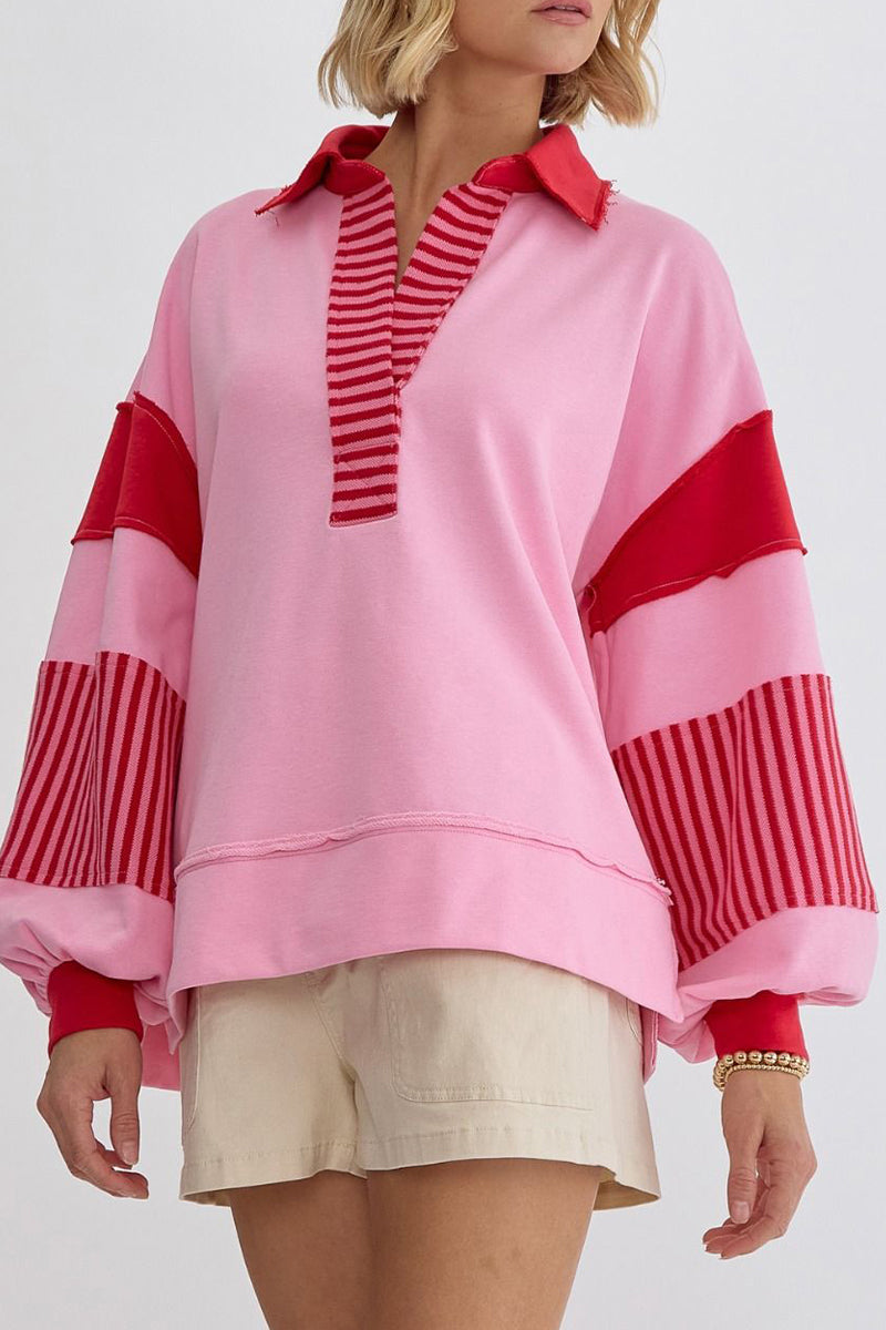 Deborah® | Casual tops with street stripe patchwork contrast turn-down collar