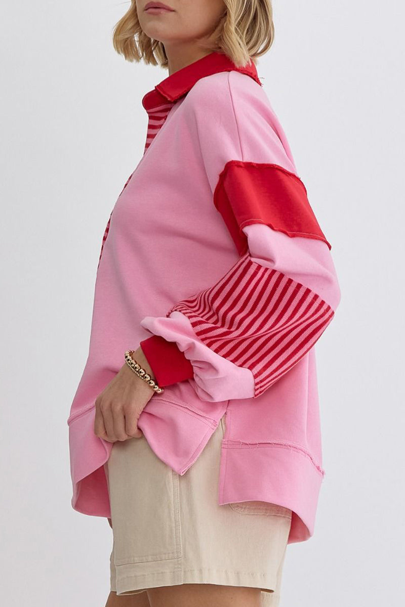 Deborah® | Casual tops with street stripe patchwork contrast turn-down collar