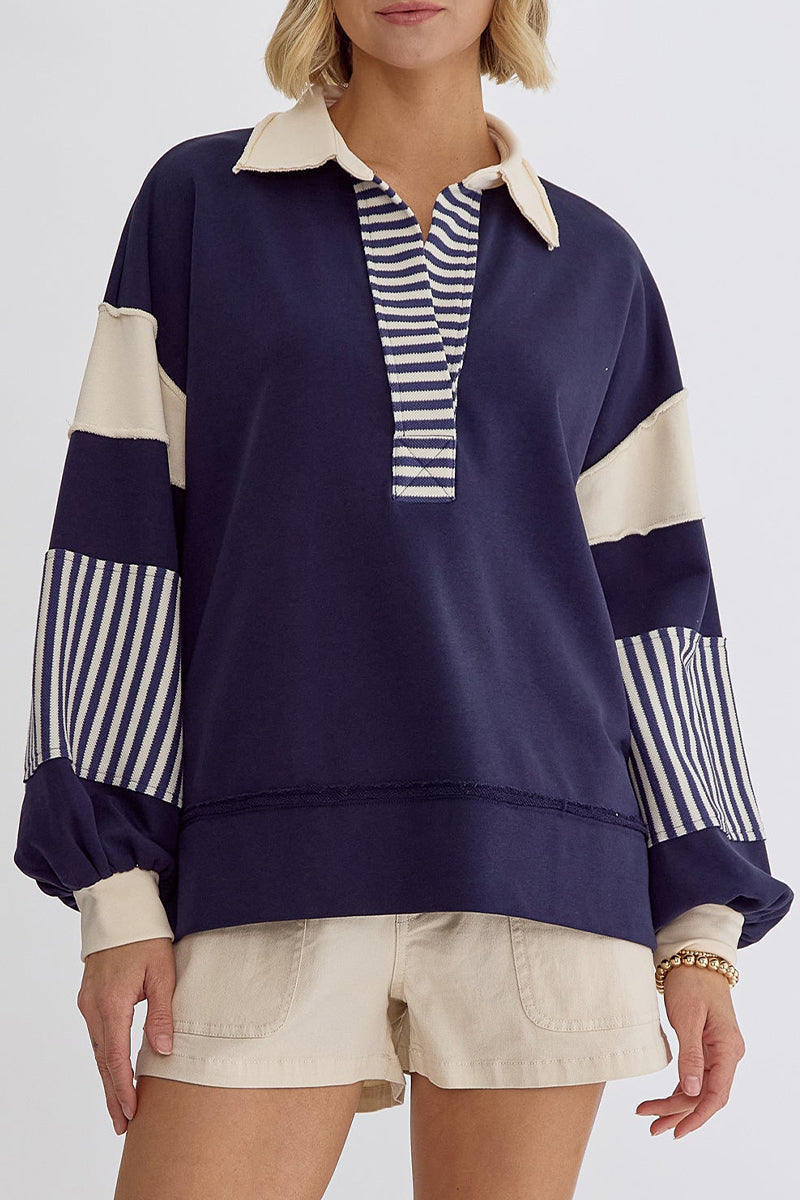 Deborah® | Casual tops with street stripe patchwork contrast turn-down collar