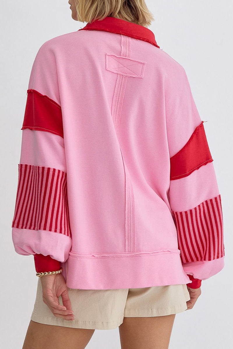 Deborah® | Casual tops with street stripe patchwork contrast turn-down collar