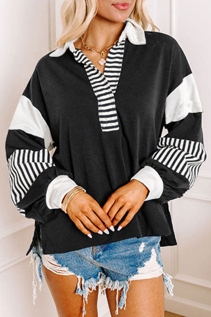 Deborah® | Casual tops with street stripe patchwork contrast turn-down collar