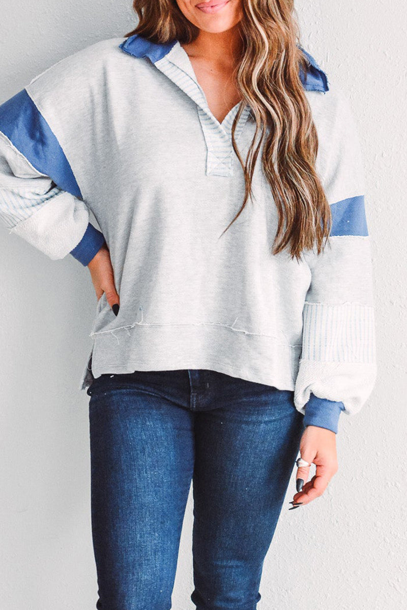 Deborah® | Casual tops with street stripe patchwork contrast turn-down collar