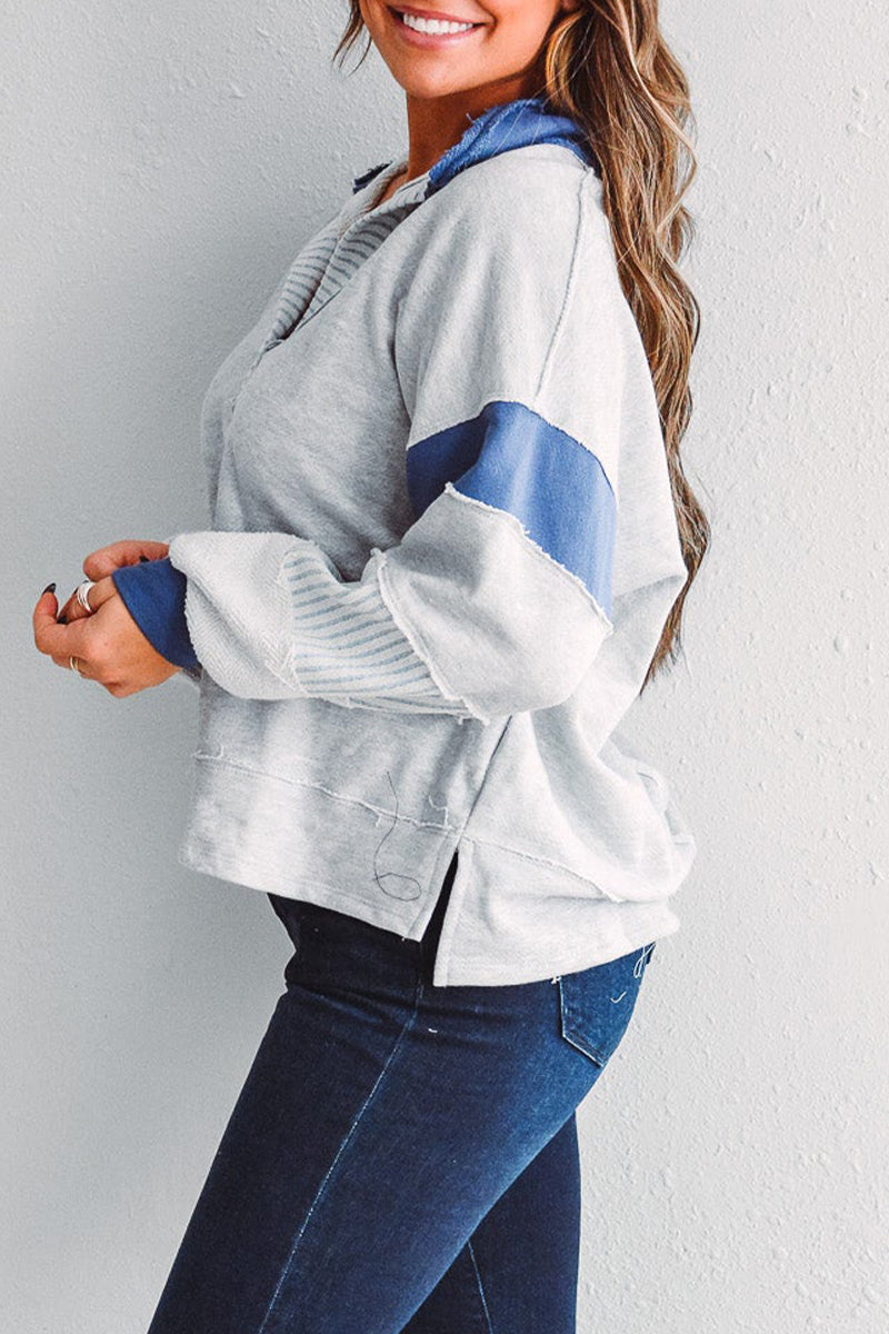 Deborah® | Casual tops with street stripe patchwork contrast turn-down collar