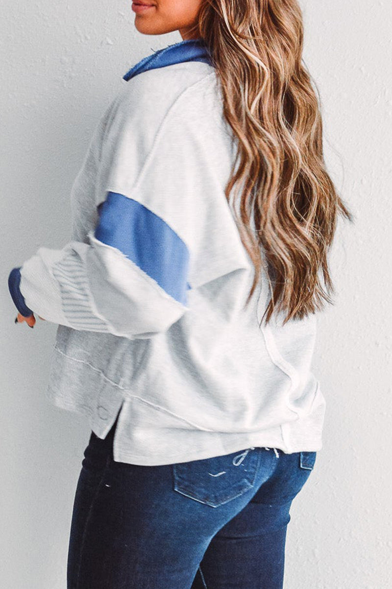 Deborah® | Casual tops with street stripe patchwork contrast turn-down collar