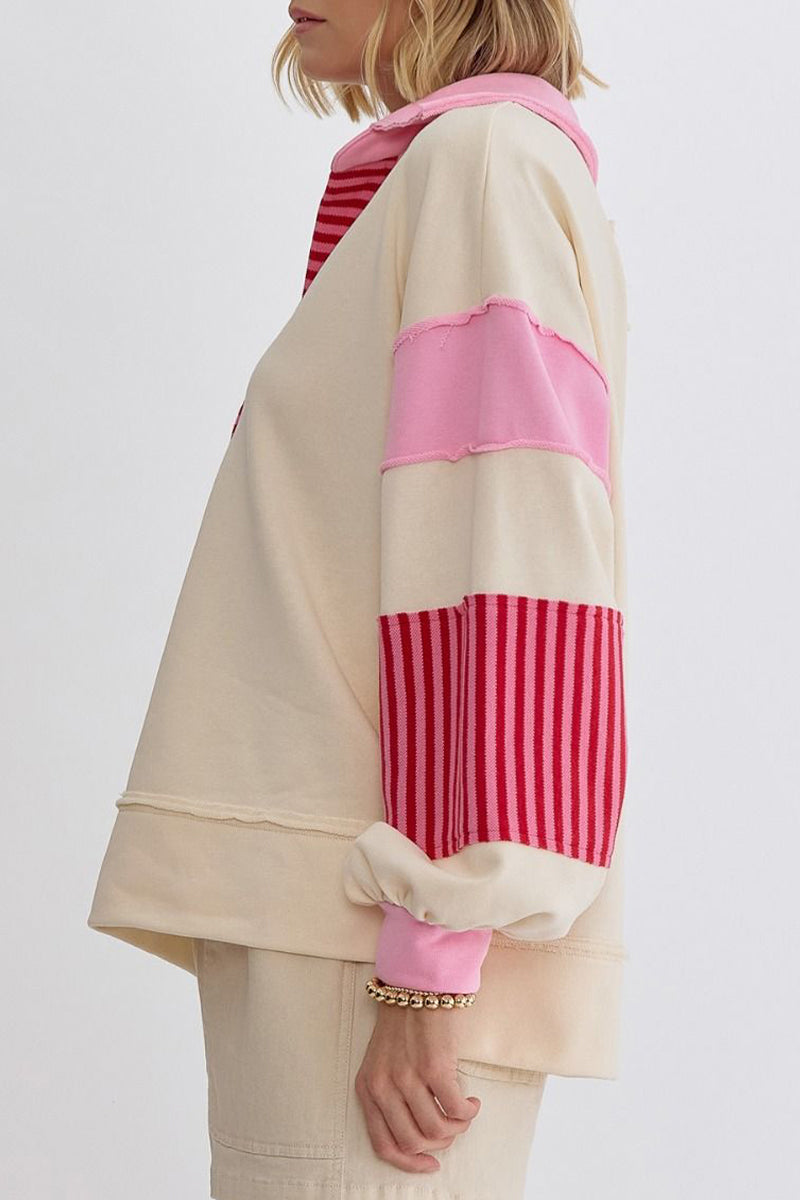 Deborah® | Casual tops with street stripe patchwork contrast turn-down collar
