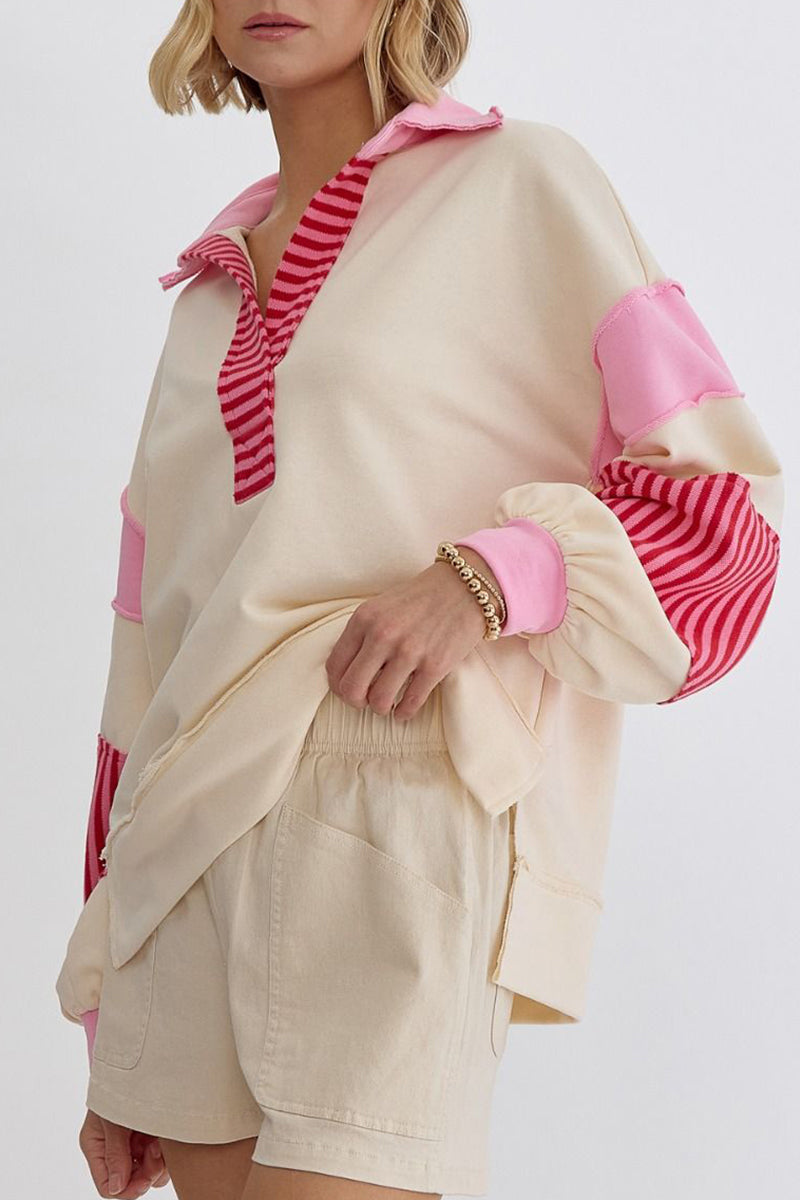 Deborah® | Casual tops with street stripe patchwork contrast turn-down collar