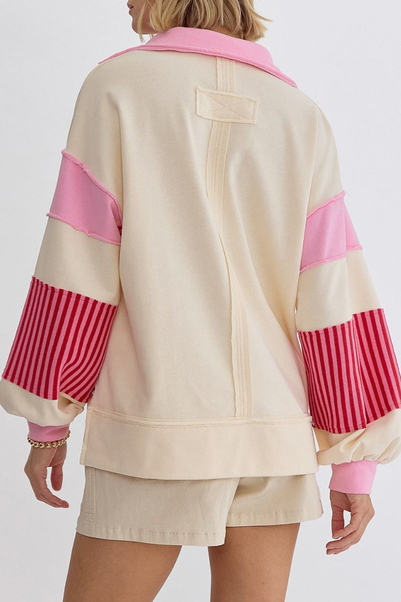 Deborah® | Casual tops with street stripe patchwork contrast turn-down collar