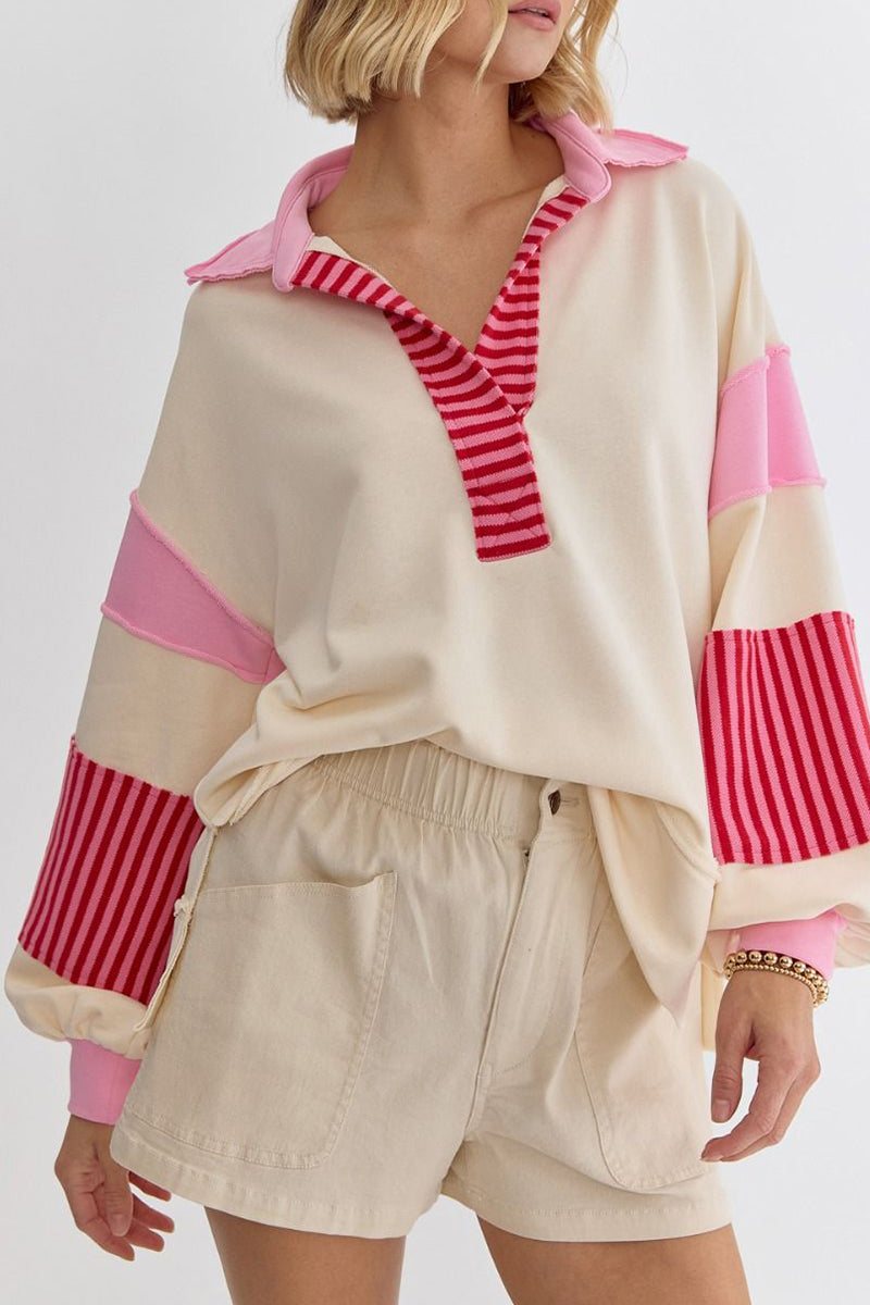 Deborah® | Casual tops with street stripe patchwork contrast turn-down collar