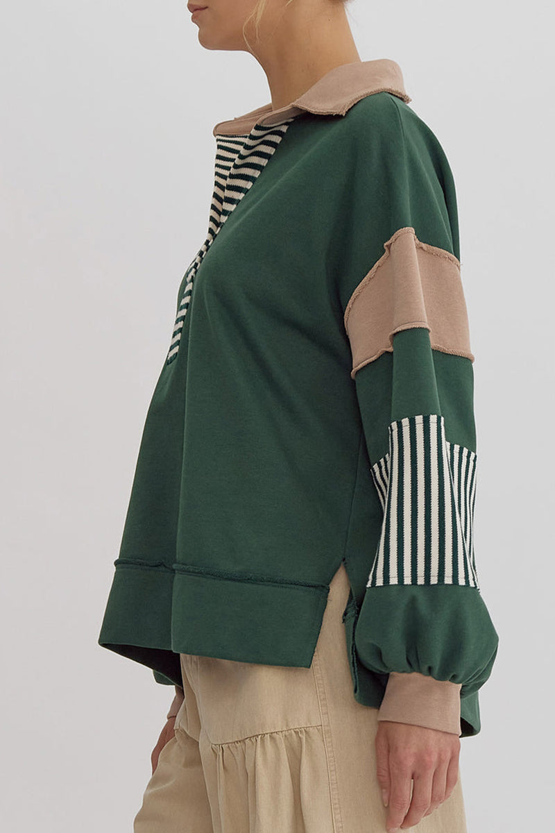 Deborah® | Casual tops with street stripe patchwork contrast turn-down collar