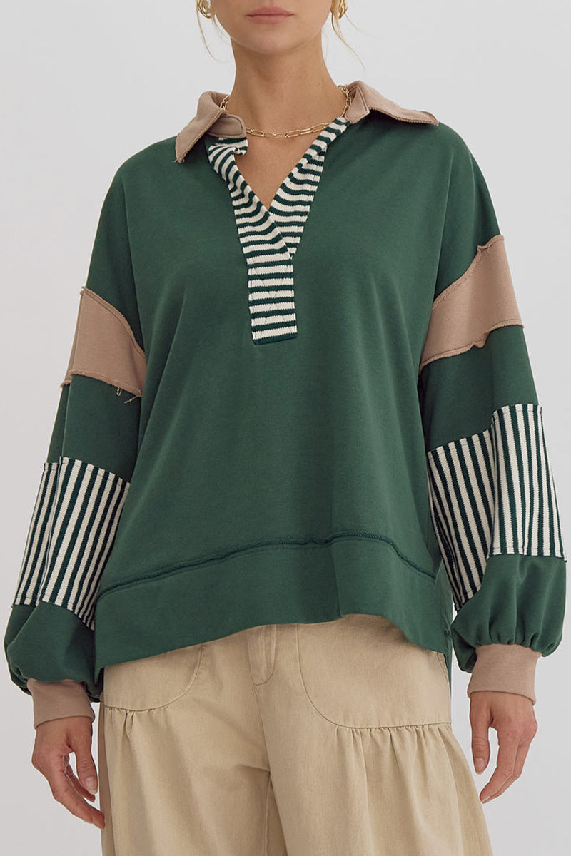 Deborah® | Casual tops with street stripe patchwork contrast turn-down collar