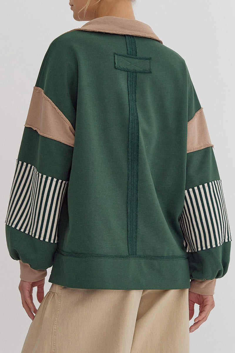 Deborah® | Casual tops with street stripe patchwork contrast turn-down collar