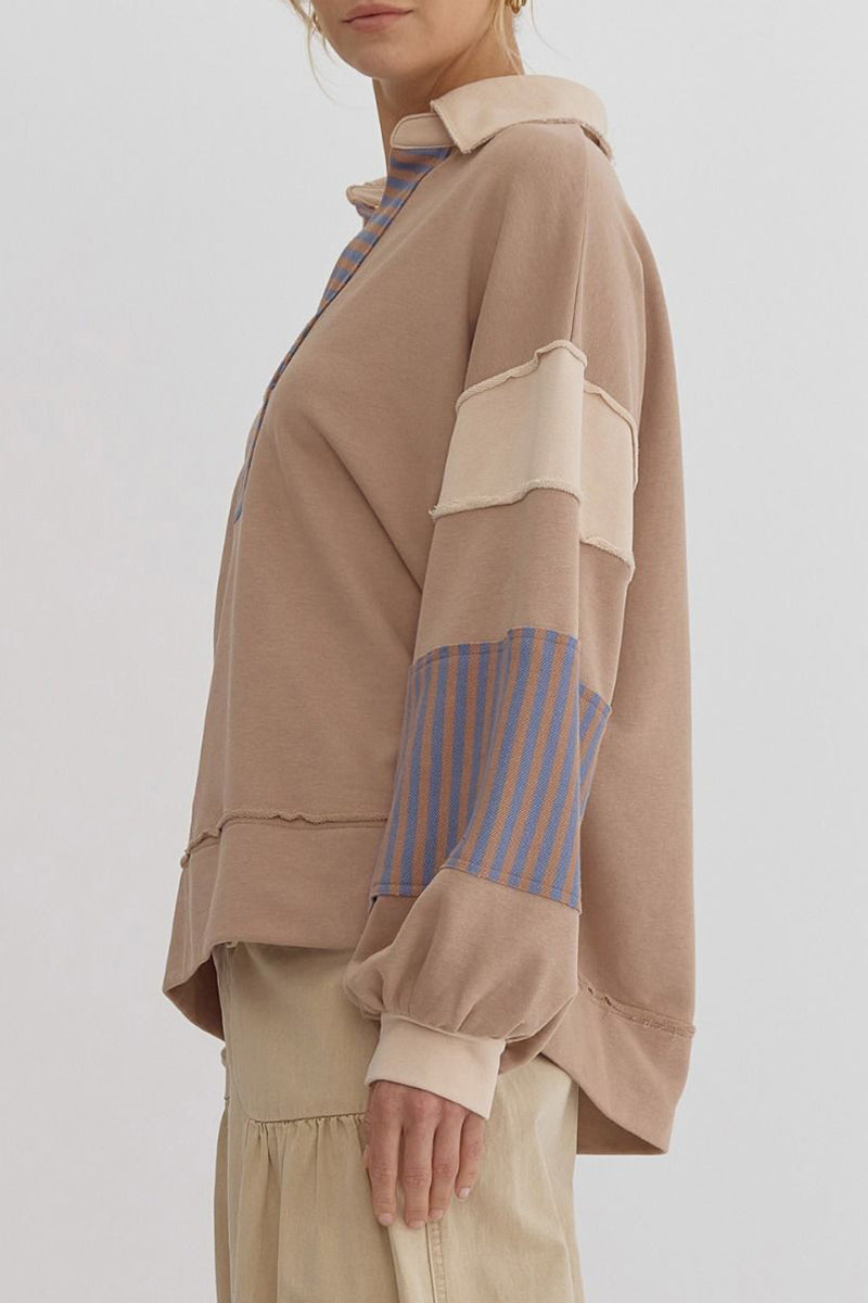Deborah® | Casual tops with street stripe patchwork contrast turn-down collar