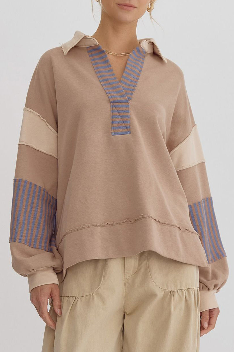 Deborah® | Casual tops with street stripe patchwork contrast turn-down collar