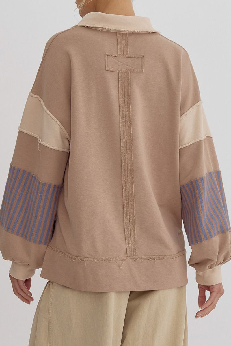 Deborah® | Casual tops with street stripe patchwork contrast turn-down collar