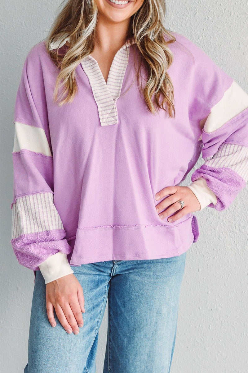 Deborah® | Casual tops with street stripe patchwork contrast turn-down collar